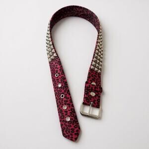 Red Velvet Leopard Print Studded Belt Rockabilly Size Small Made in USA